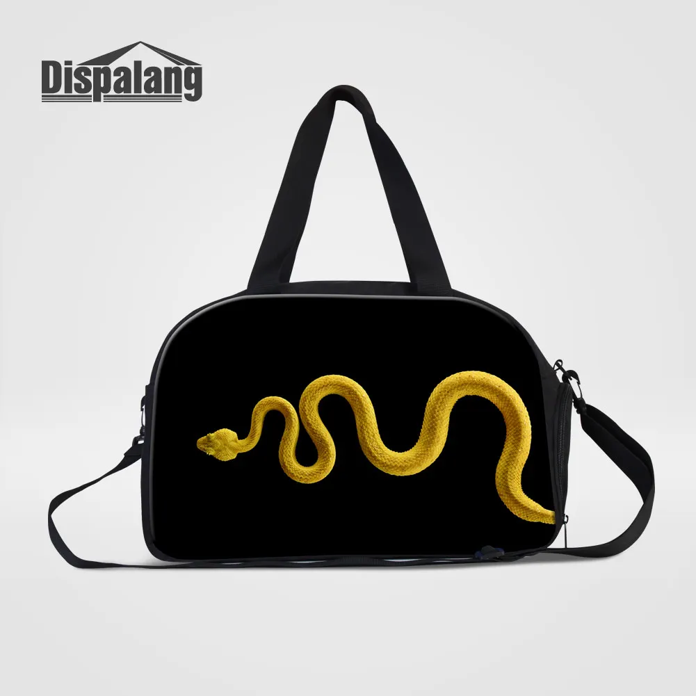 Dispalang Men Travel Bags Hand Luggage Duffle Bag With Shoes Pocket Cool Black Animal Snake Printing Weekend Bag Overnight Totes