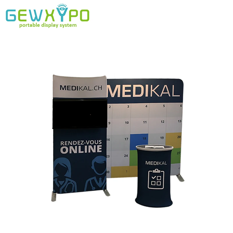 Exhibition Solution 10‘W X7.5’H Easy Fabric Banner Portable Advertising Display Backwall With TV Stand And Oval Counter