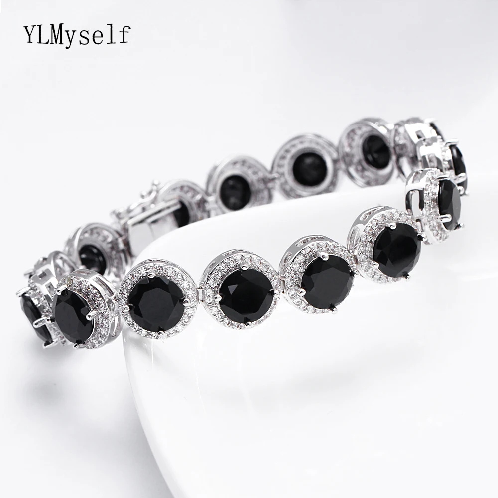 

YLMyself 18.5CM Big Round Stone Bracelet Blue White Black CZ Crystal Jewelry For Women Large Fashion Bangle