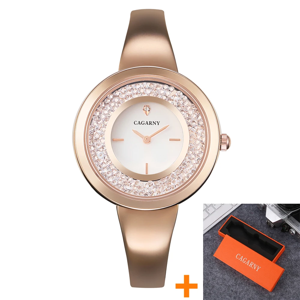 Cagarny Luxury Brand Women\'s Watches Crystal Rose Gold Steel Bracelet Bangle Fashion Ladies Wristwatches Quartz Watch For Women