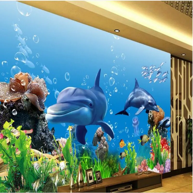 

wellyu Custom large - scale murals personality 3D stereo underwater world dolphin TV backdrop non - woven wallpaper