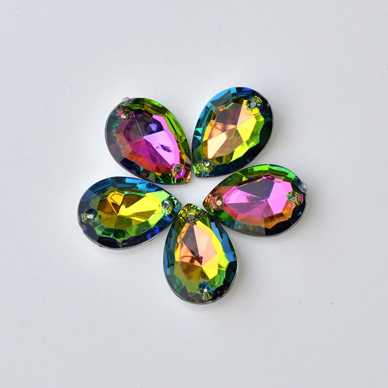 JUNAO 13*18mm Sewing Rainbow Drops Rhinestone Sewn Acrylic Crystal Stones Pointback Strass Diamond For Clothes Needlework Crafts