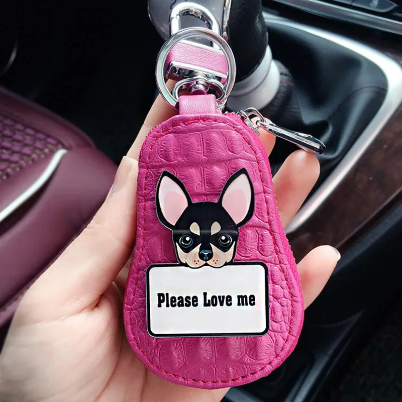 Cartoon Chihuahua pattern key chain holder for women men Genuine Leather Stainless Steel pet dog car keychain pack key ring bag