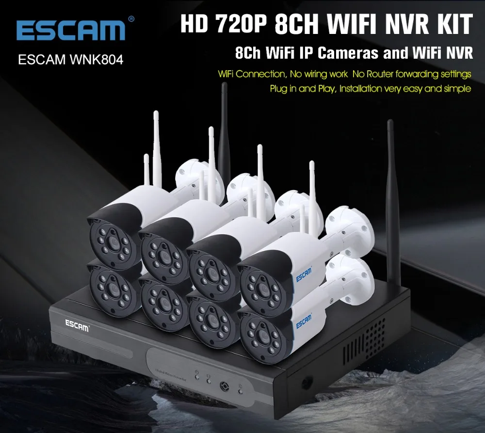 8ch HD Wifi IP Camera DVR Video Recorder Security NVR Kit CCTV Wireless Security Camera System ESCAM WNK804