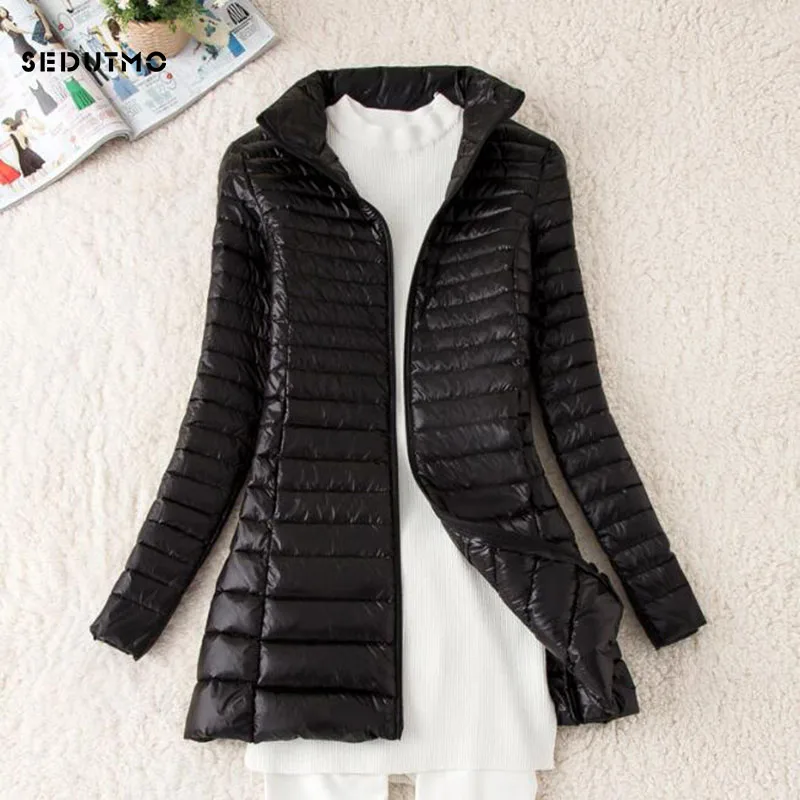 SEDUTMO Winter Long Women Down Jackets Ultra Light Duck Down Coat Thin Slim Black Puffer Jacket ED341