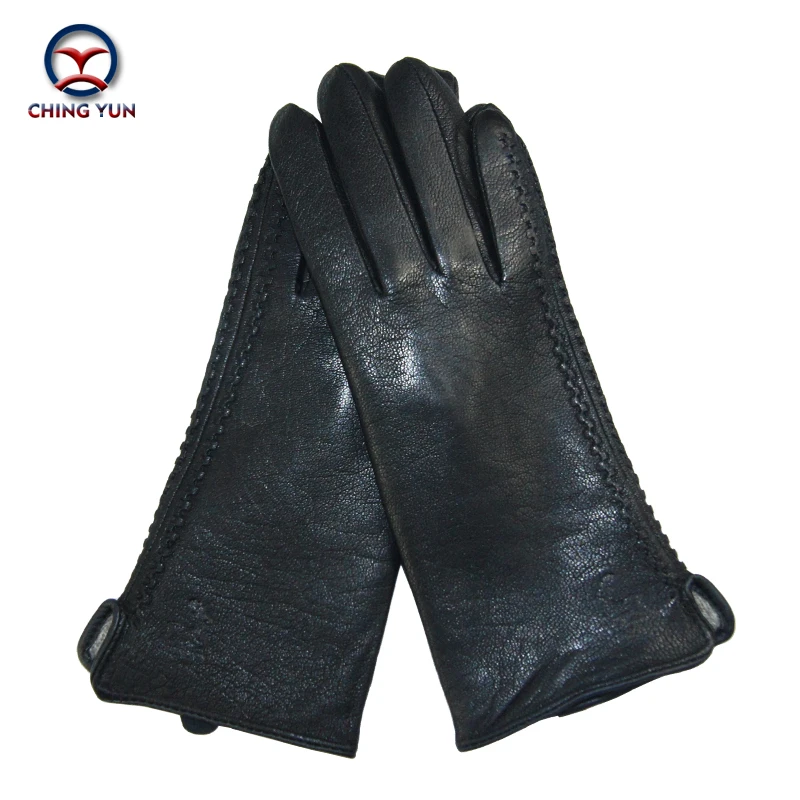 Gants noirs en cuir véritable pour femmes, épais, de marque, chauds, nouvelle collection hiver automne 2017, fv03