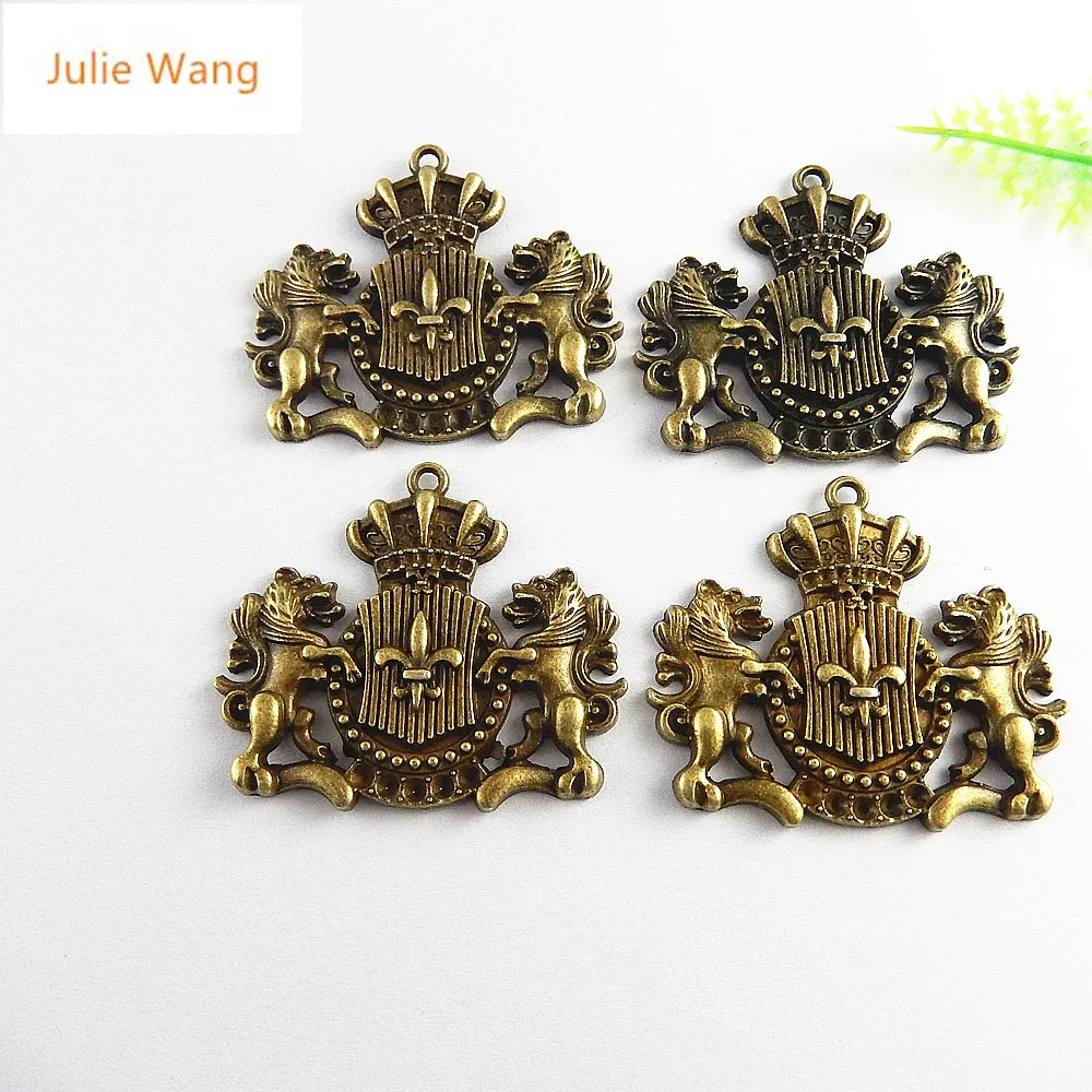 Julie Wang 5PCS Antique Bronze Lion Guardian Badge Charms Pendants Jewelry Making Necklace Gifts Key Chains Accessory