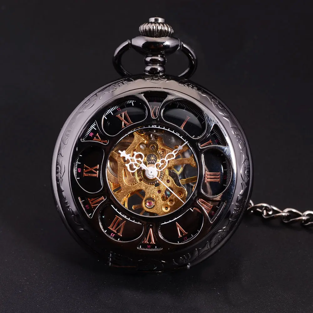 Steampunk Skeleton Dial Black Case Male Relogio De Bolso Retro Roman Numerals Chain Clock Men Mechanical Hand Wind Pocket Watch