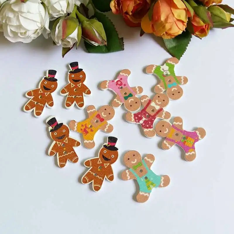 40pcs 2 Holes Gingerbread Man Christmas Button Decorative for Craft Sewing Wood Button For Clothing Kid Clothes Decoration