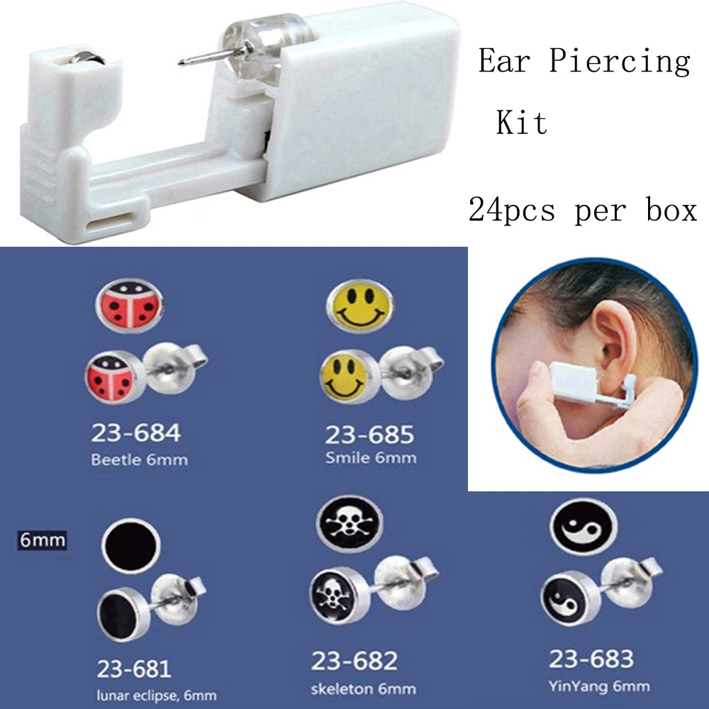 24pc Disposable Safe No Pain Sterile Logo Ear Stud Earring Stude Piercing Gun Piercer Tool Kit Machine Kit Earring Units Jewelry