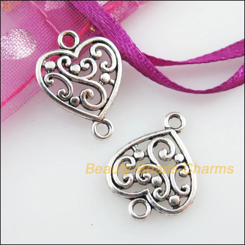 35 New Connectors Flower Heart Tibetan Silver Color Charms 14.5x19mm