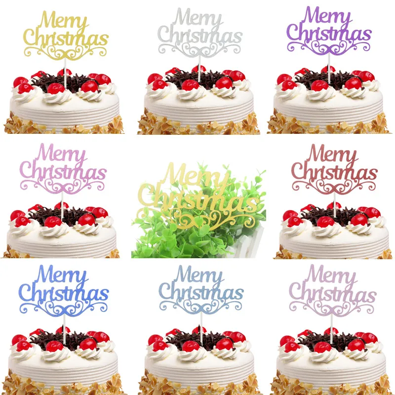 50 pcs/lot Merry Christmas Cake Toppers Flags Kids Happy Birthday Glitter Cupcake Topper Wedding Baby Shower Party DIY Baking