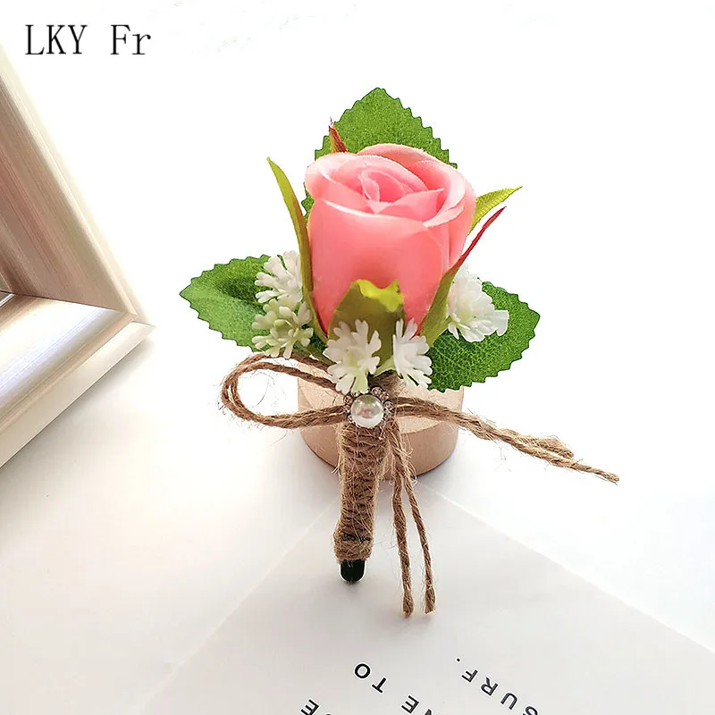 LKY Fr Botoeira Pin Buquê de Flores Do Casamento Boutonniere Corsages Boutonniere Noivo Homens Casamento Casamento Flor De Seda Rosa Branca