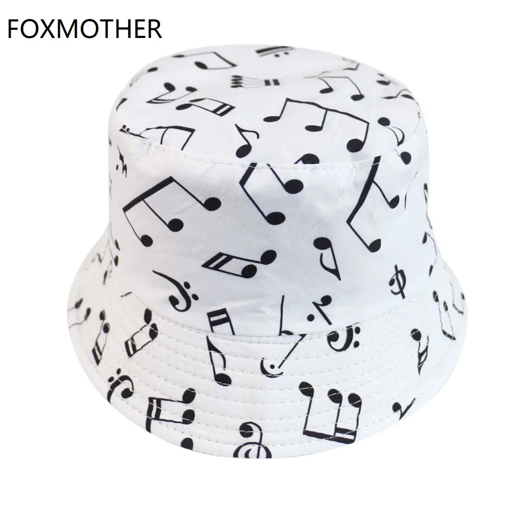 

FOXMOTHER New White Music Note Bucket Hats Sun Caps Man Womens Music Lover Fisherman Caps Gifts