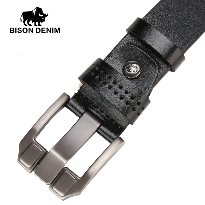 BISON DENIM Men\'s Genuine Leather Belts High Quality Retro Pin Buckle Belts For Father Husband Friends Waistband Strap For Jeans