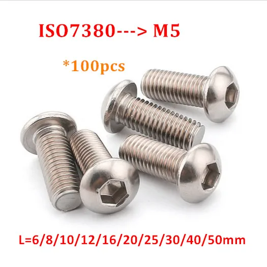 

100pcs ISO7380 M5 Button Head Screw 304 stainless steel A2 Hexagon Socket Round Head Screw Hex Socket Screws Bolts Length 6-60mm