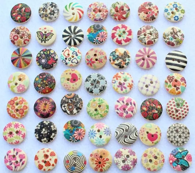 set of 300 Painted Wood Buttons round button Floral Design Assortments 2-holes 15mm wholesale free shipping-MK0053