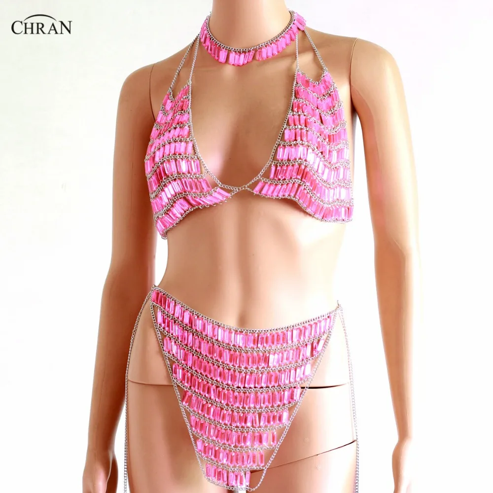 

Sexy Pink Beading Crop Top Chain Bra Hot Mini Skirt Body Lingerie Set Festival Outfit Burning Man Wear Belly Chains Club choker