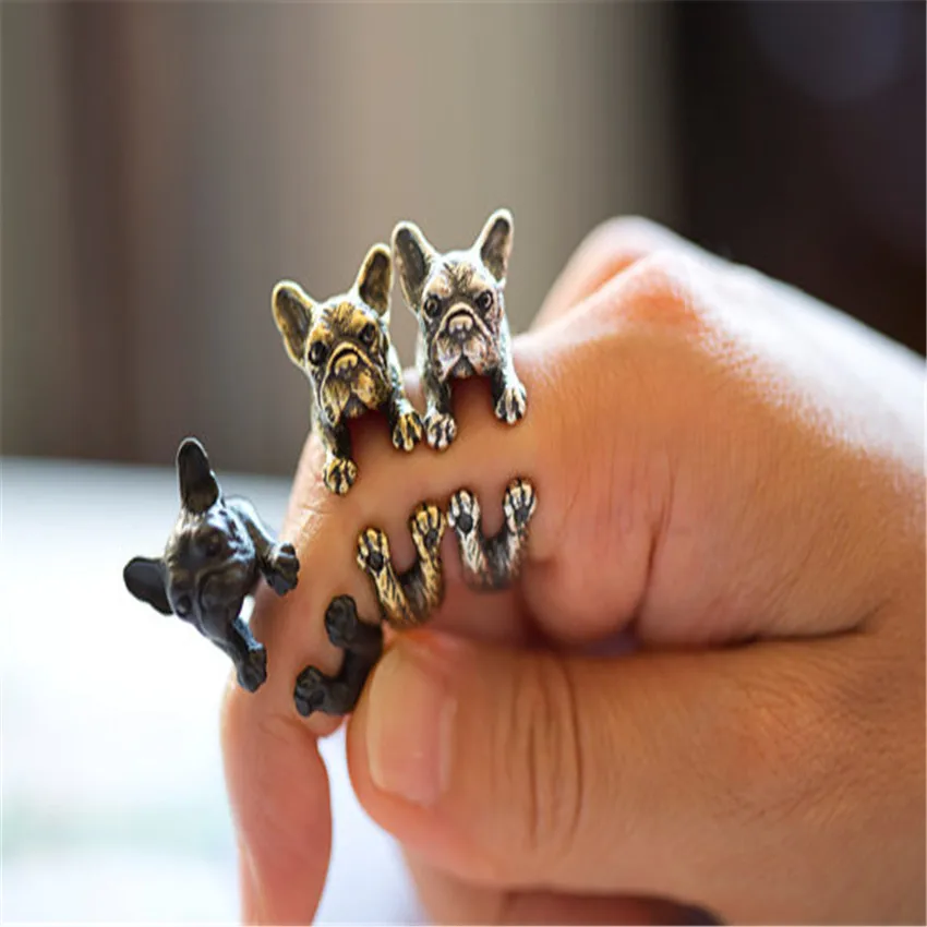 CHENGXUN  European Style Animal Rings Handmade French Bulldog Wrap Rings for Kids Best Friend Three Color to Choose