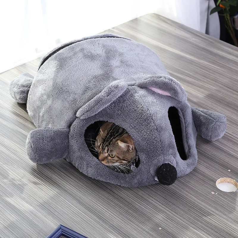 Funny Grey Mouse Shape Pet Cat Kitten Bed Mat For Small Cats Dogs Cave Bed Removable Cushion Waterproof Bottom Pet Cat House Bed