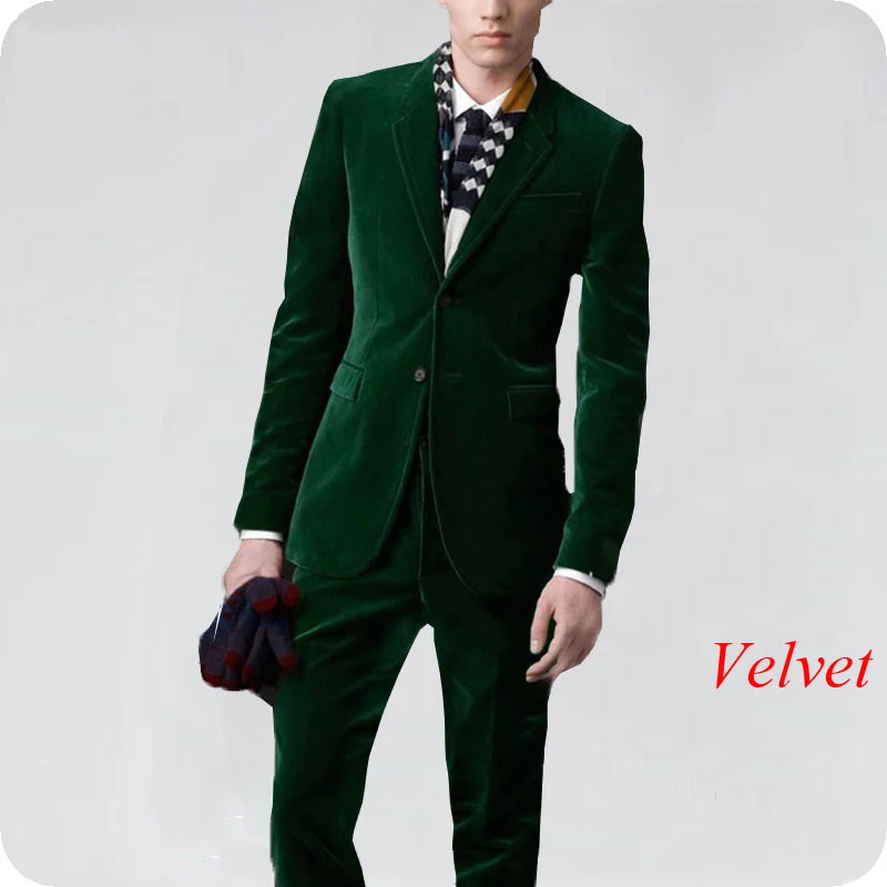 

Custom Smoking Jacket Green Velvet Men Suits for Wedding Slim Fit Groom Tuxedo 2Piece Men's Classic Suit Pants Terno Masculino