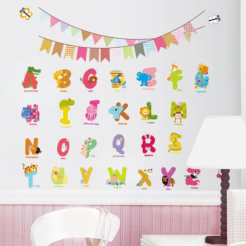 Cute English Alphabet Colorful Flags Animals Wall Stickers Kids Room Decoration Diy Wall Decals Art Peel And Stick Party Decor