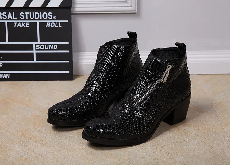 Mens high heel genuine leather boots black python skin cowboy boots mens ankle boots chelsea bota masculina zipper