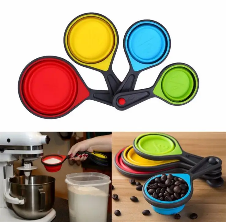 

4Pcs/set Environmental Friendly Folding Silicone Measuring Set Tools 4pcs Home Kitchen Measuring Cups Spoon For Baking SN1110