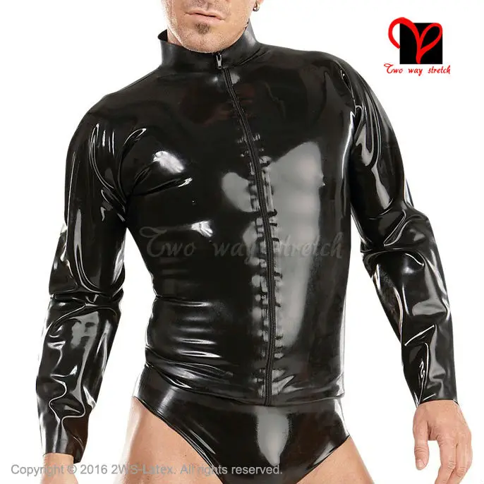 Sexy Schwarz Latex jacke Long sleeves Rubber mantel shirt Gummi Uniform bluse Catsuit blazer Top kleidung plus größe SY-035