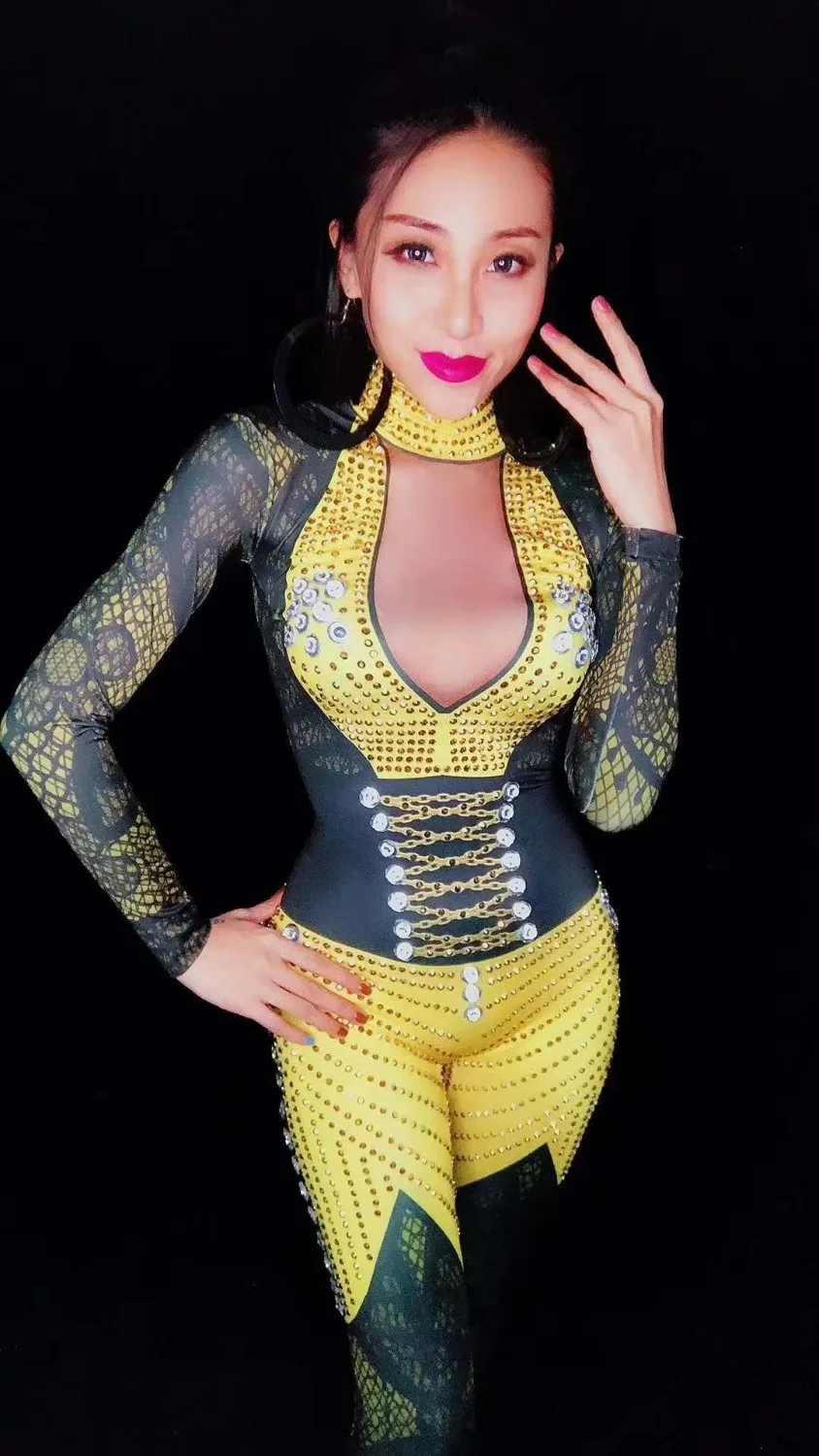 Christia Bella Luxury Gold Print Rhinestone Jumpsuit Women Sexy Stretch Elastic Rompers Nightclub Bodysuit Singer Stage Costume