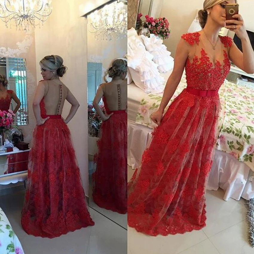 New V-neck Appliques Prom Dresses Red Lace Beaded Button Back Floor-length Real A-line Sheer Neck Latest Evening Party Dresses