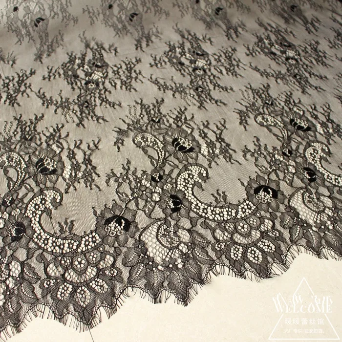 French Bilateral Eyelash Lace Fabric, Classical Design, Nylon Dress, Soft Black White 3m long