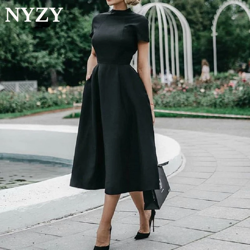 

Elegant Short Sleeves Black Evening Dress Short 2019 NYZY C170 Satin Pocket Evening Gown Party Dress Robe Soiree Abendkleider