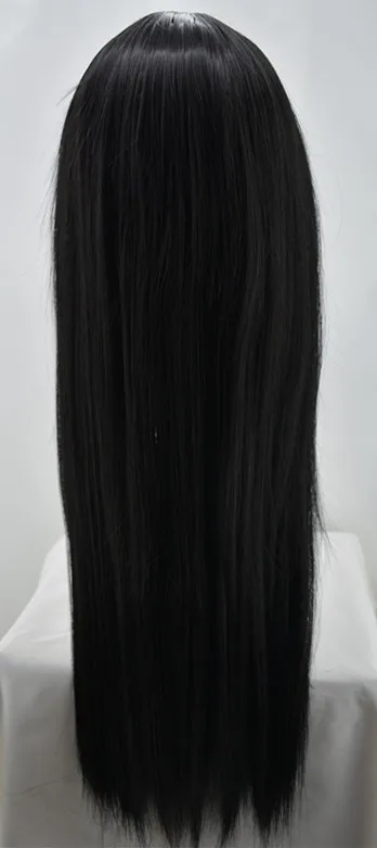 Czarne włosy syntetyczne włókno termoodporne prosto Hairpiece środkowa część kostium Cos-play Perruque Party Salon kobiet Hairsets — zdjęcie 4