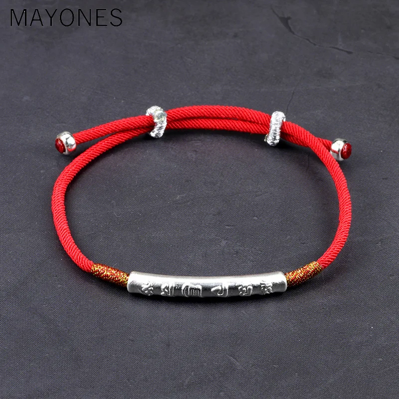 999 Sterling Silver Handmade Thin Red String Bracelet For Women Six Words Engraved Mantra Prayer Buddhism Jewelry