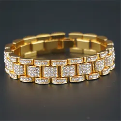 Bling 15mm 20cm Golden Silver Color Bracelet Hip Hop Mens Rhinestone Watchband Chain Tank Bangles For Boys Grils Hand Jewelry