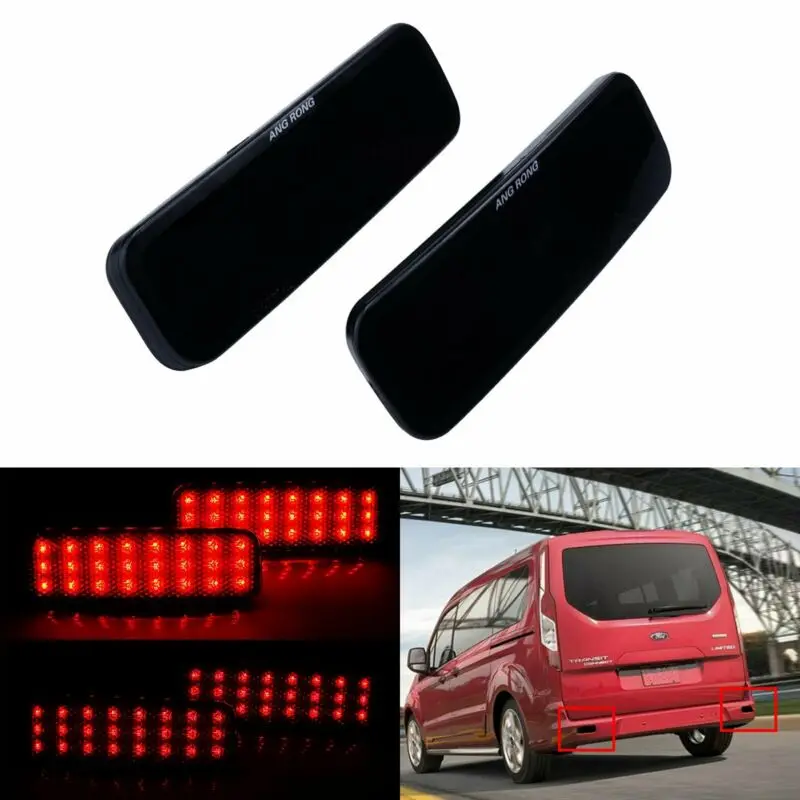 ANGRONG Pair Red LED Rear Bumper Reflector Tail Light Lamp w/ Smoked Black Lens For Ford Transit Van Custom Connect Tourneo 2013