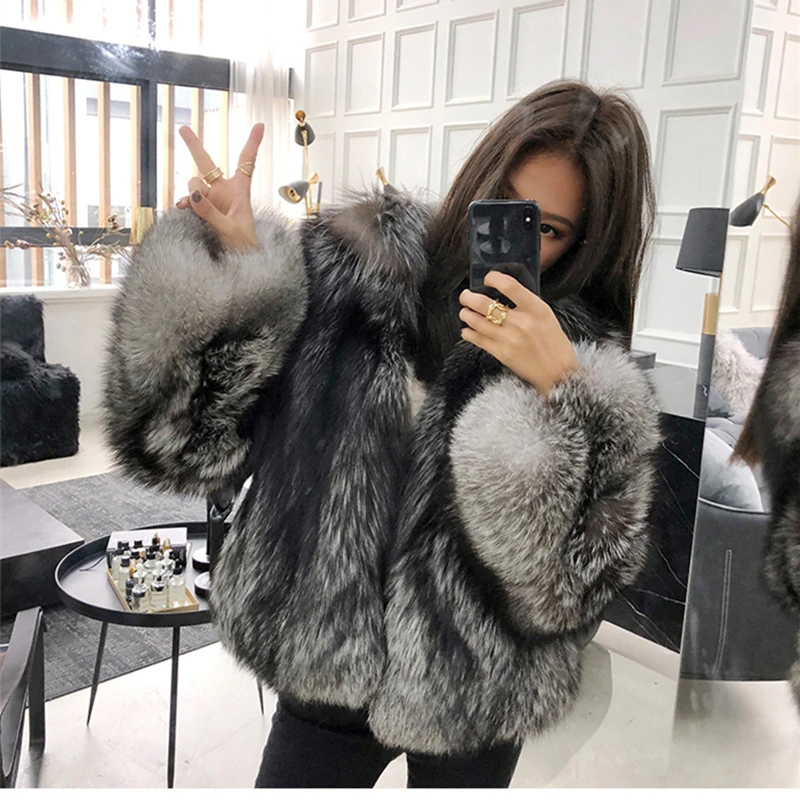 New Silver Fox Fur Women Winter Coat Real Natural Fox Fur Jacket  Whole Skin Fur Winter Thick Soft  Warm Fox Fur Jacket