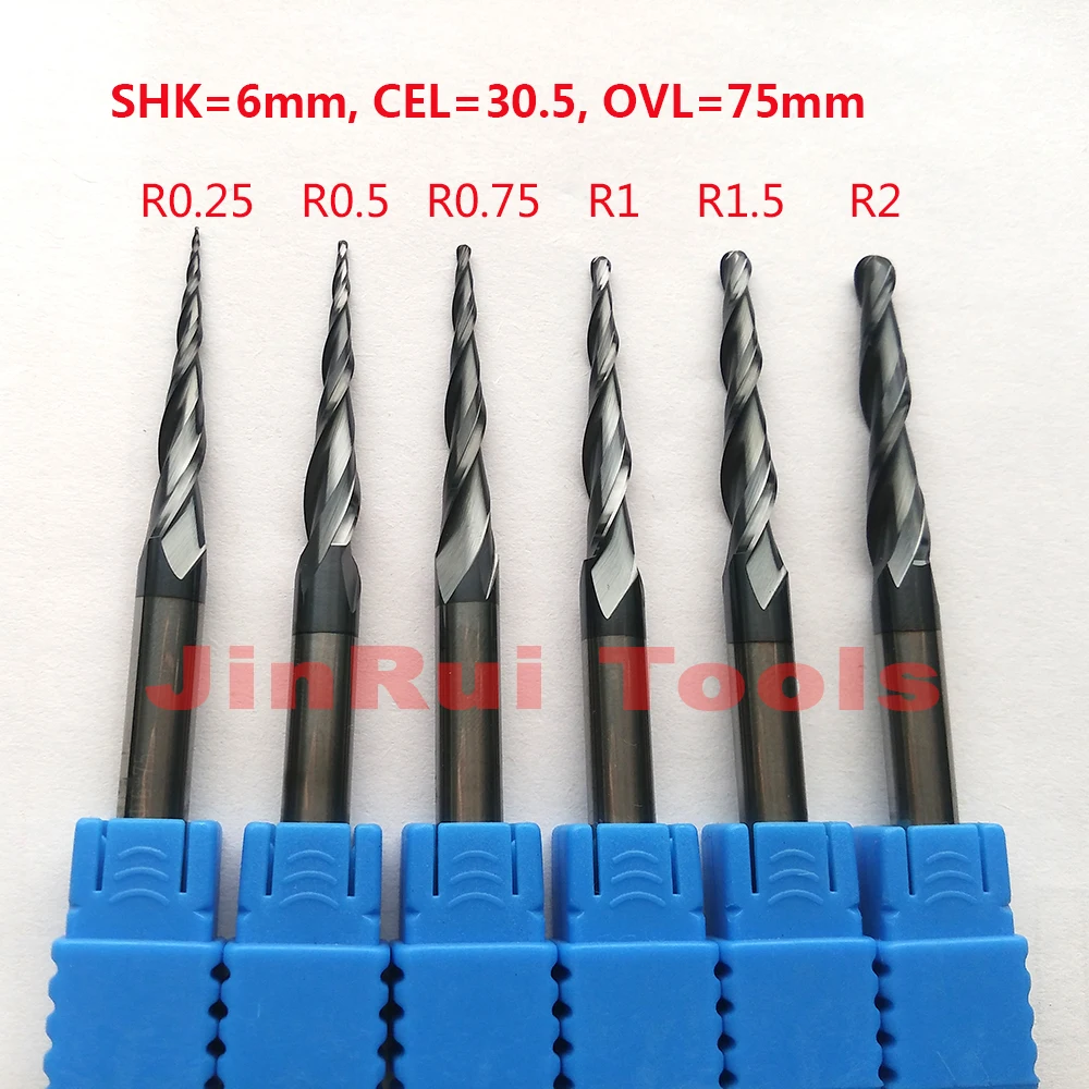 1pcs R0.25/R0.5/R0.75/R1/R1.5/R2 D3.175-D8mmShank38 -100mmHRC55solid carbide Tapere Ball Nose End Mill CNC milling cutters knife