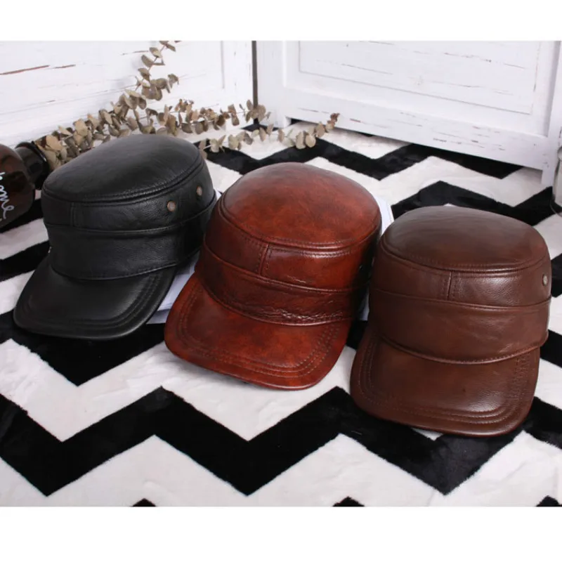 Genuine Leather Flat-topped Visor Cap Men Outdoor Autumn Winter Fashion Warm Elderly Male Hat Middle Age Man Casual Caps H6945