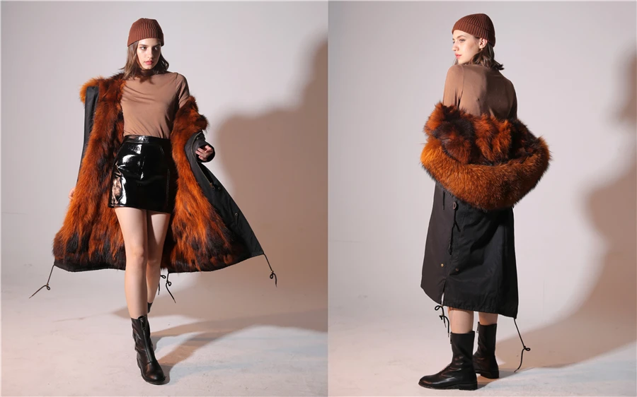 Echter Pelzmantel Winterjacke Damen Langer Parka Wasserdicht Großer Natürlicher Waschbärpelzkragen Kapuze Dick Warm Echter Fuchspelz-Futtermantel – Detail 33