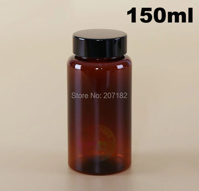 100pcs 150ml Translucent Amber PET Plastic Bottle, Capules Bottles, Packing Bottles with 4 Colors Black Aluminum Caps & Seals