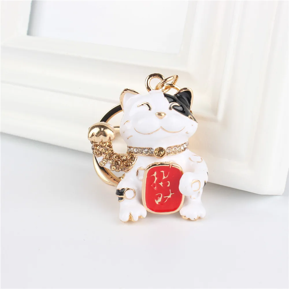 White Furtune Money Cat Pendant Charm Rhinestone Crystal Purse Bag Keyring Key Chain