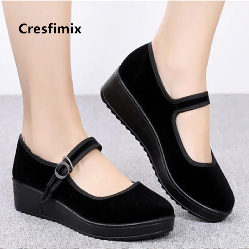 Cresfimix Zapatos De Mujer Women Casual Black Buckle Strap Cloth Dance Shoes Lady Cute Height Increased Retro Shoes C5055