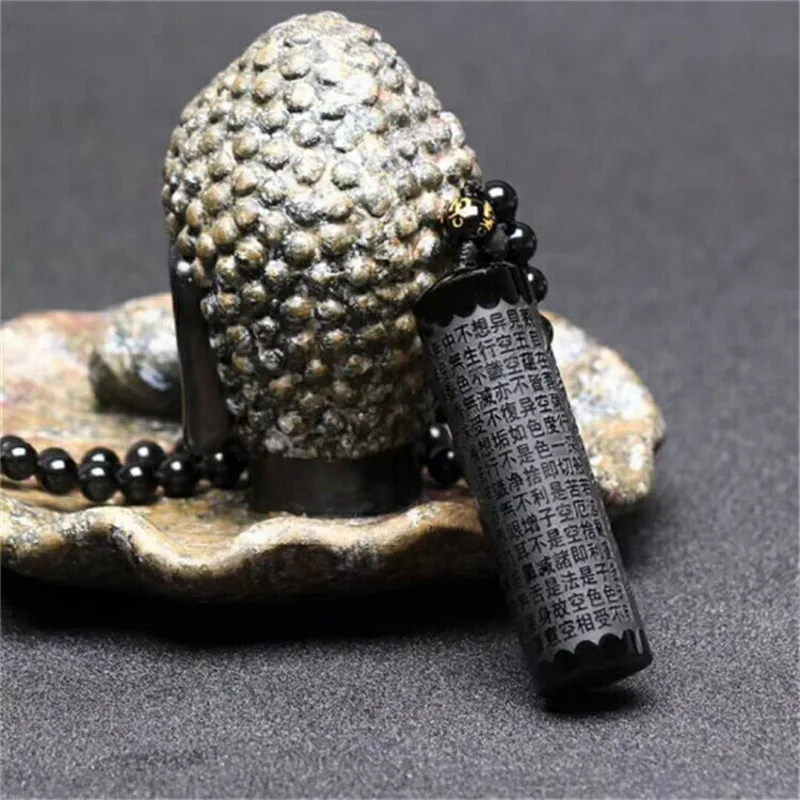 Natural Obsidian Pendant Prajna paramita Sutra Buddha Necklace Pendant Men's And Women's Jewelry Free Round Beads Chain Box