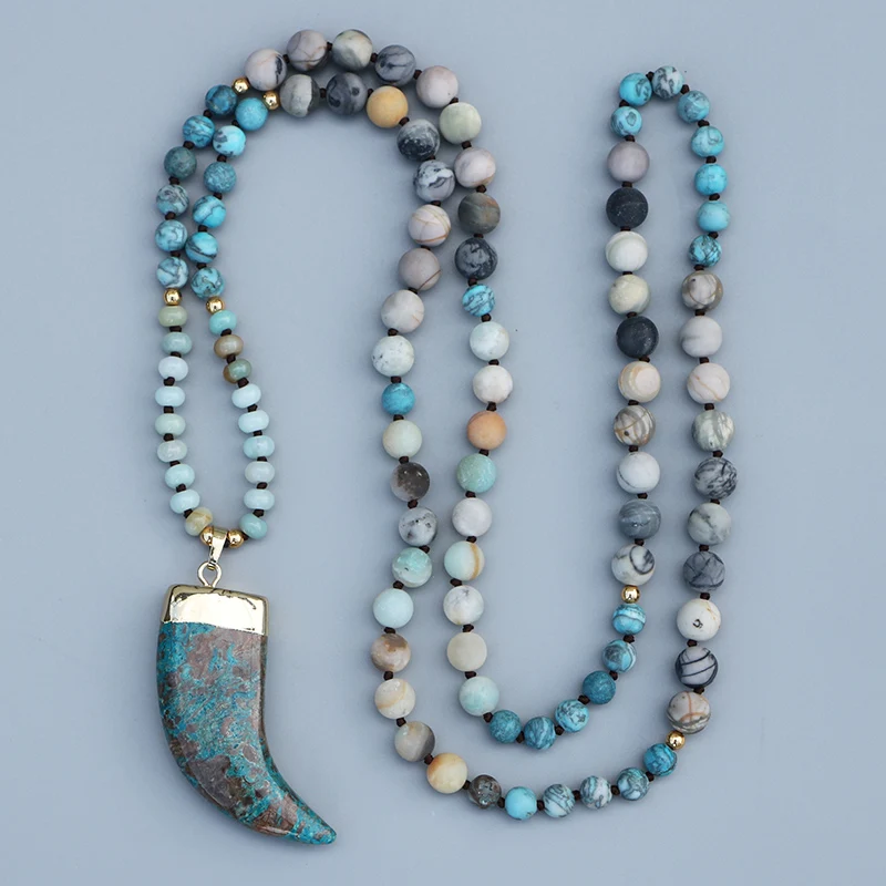 EDOTHALIA Blue Ocean Stone Pendant Necklace Women 108 Beads Picasso & Amazonite, Magic Blue Stone Yoga Mala Necklace