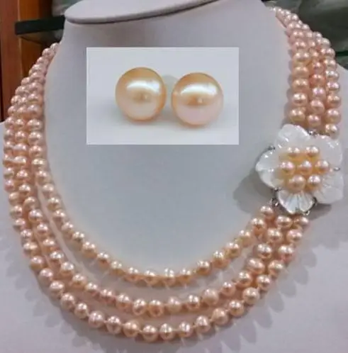 

Perfect Pearl Jewelry Set 17-19inch 3 Rows 6-7mm Pink Freshwater Pearl Necklace Earrings Set Shell Flower Clasp