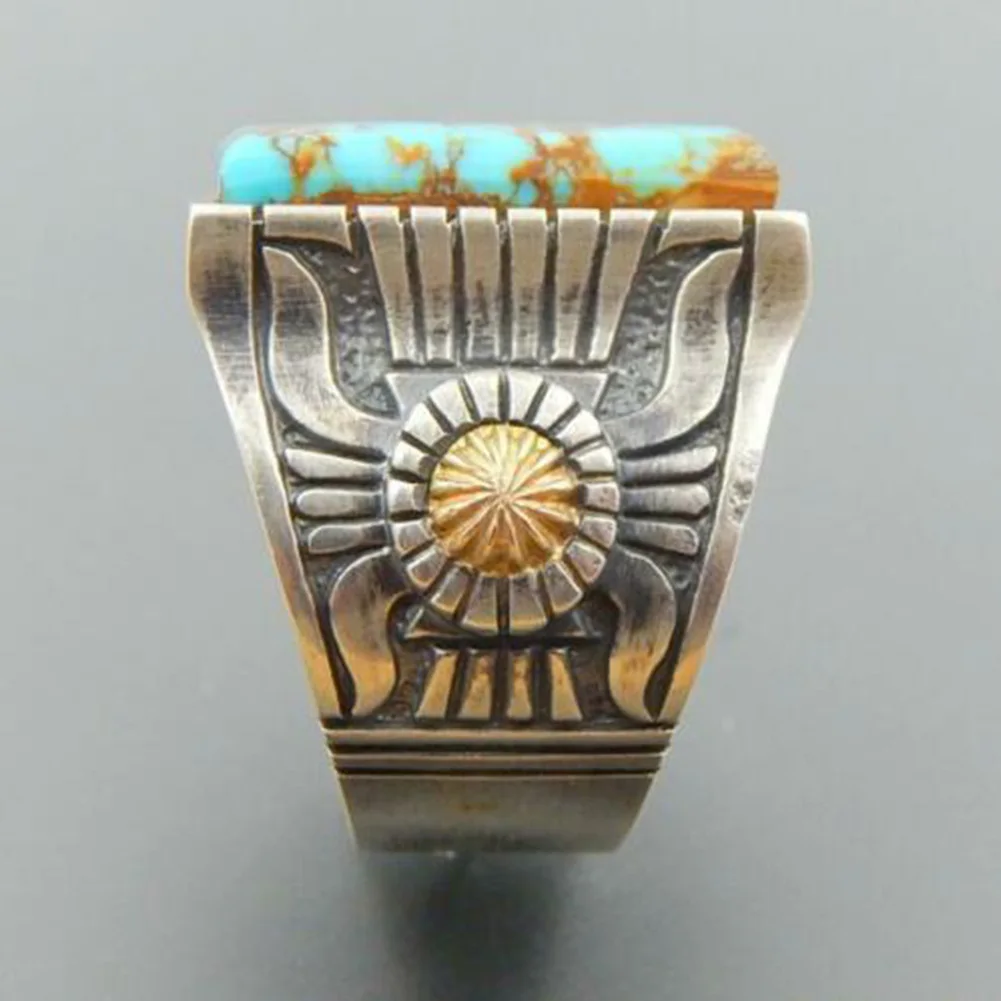 Nepal Retro Simulated Turquoise Inlaid Ring Tibetan Silver Women Open Rings Banquet Jewelry Gift