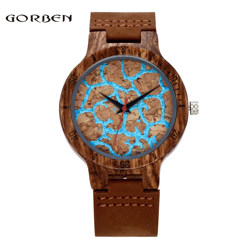 Fashion Wooden Watches Blue Sea Creative Cracked Face Design Quartz Wrist Watch Men Women bayan kol saati  Relogio Masculino