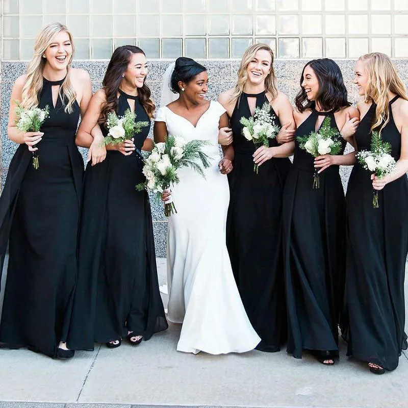 

Stunning Black Halter Long Bridesmaid Dresses Ruched Overskirt Chiffon Maid of Honor Dress Floor Length Bohemian Maxi Gowns